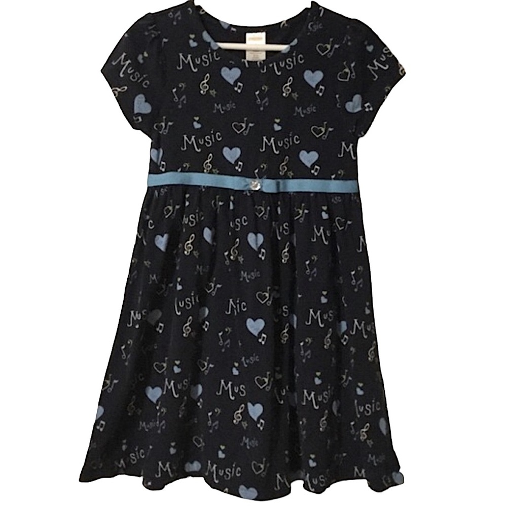 GYMBOREE sz 6 Dress with Musical Notes and Hearts Short Sleeves Blue